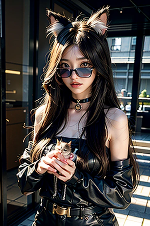 In the background there is a long-haired woman and a cat, Charming cat girl, Realistic Anime 3D Style, 3D Anime Real, Very beautiful cute cat girl, Realistic Digital Art 4K, Realistic Digital Art 4K, Realistic anime cat, Beautiful young cat girl, Highly detailed digital art in 4K, Super Real Anime, 8k high quality detailed art