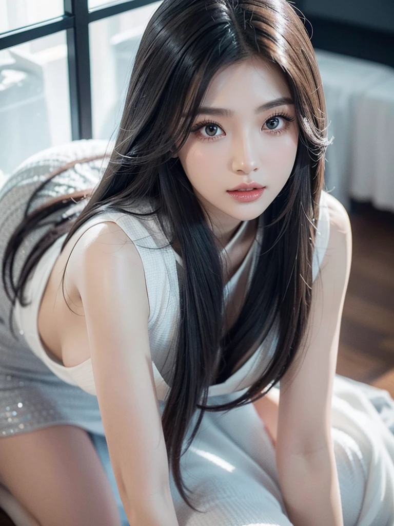 Very beautiful woman、Well-proportioned body type、Well-proportioned face、Long eyelashes、Grey long hair、Crystal glass-like images、Pure white dress、Perfect perspective