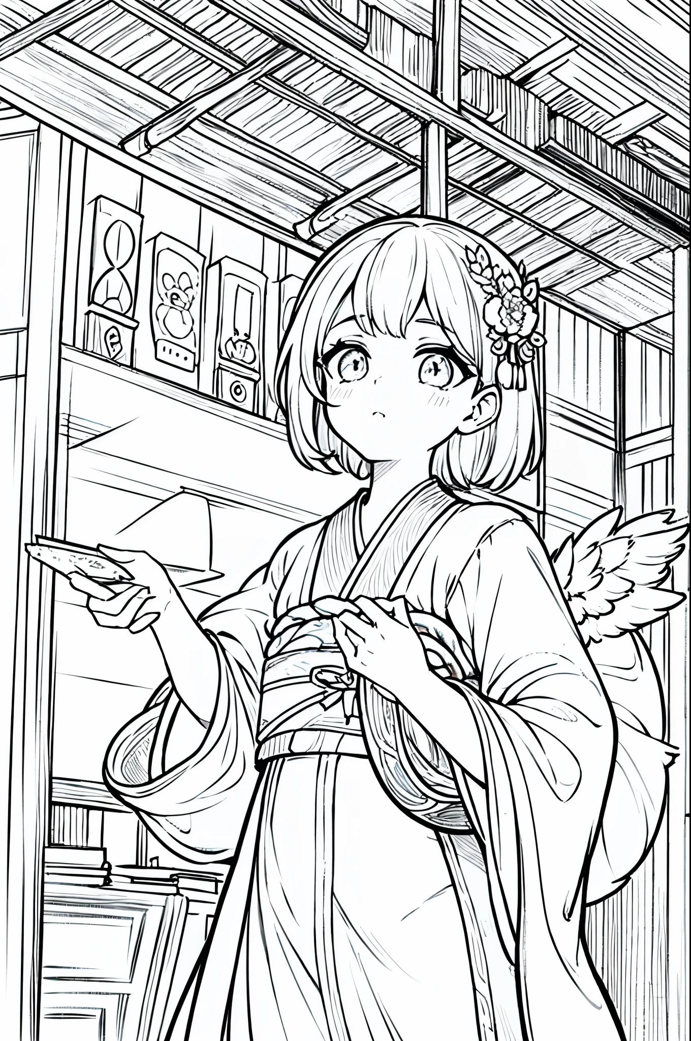 As a coloring book, the color should be black and white, the border should be simple, clear, and bold. A graceful Asian girl with elegant movements is performing a traditional Japanese dance in a grand [Kabuki theater]. She is wearing an exquisite [kimono with crane pattern], the flowing silk fabric accentuating her graceful movements. The girl's face is painted with delicate makeup, and her hair is adorned with an elaborate [hair ornament]. The intricate details of the kimono and the theater setting provide for the coloring book illustration.