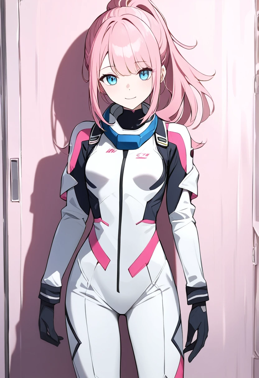(masterpiece, top quality, very aesthetic, 4k、illustration), intricate detail, 18 years old、1girl,Standing in front of a wall、(cowboy shot)、light smile、()、animated painting
Cute 、pink hair、ponytail,middle hair,sidelock ,,blue eyes、pilot suit、small breasts,Slim 、