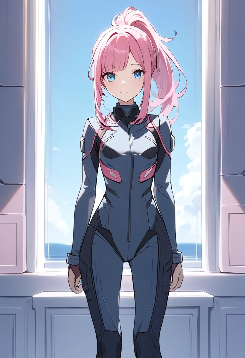 (masterpiece, top quality, very aesthetic, 4k、illustration), intricate detail, 18 years old、1girl,Standing in front of a wall、(cowboy shot)、light smile、()、animated painting
Cute 、pink hair、ponytail,middle hair,sidelock ,,blue eyes、pilot suit、small breasts,Slim 、