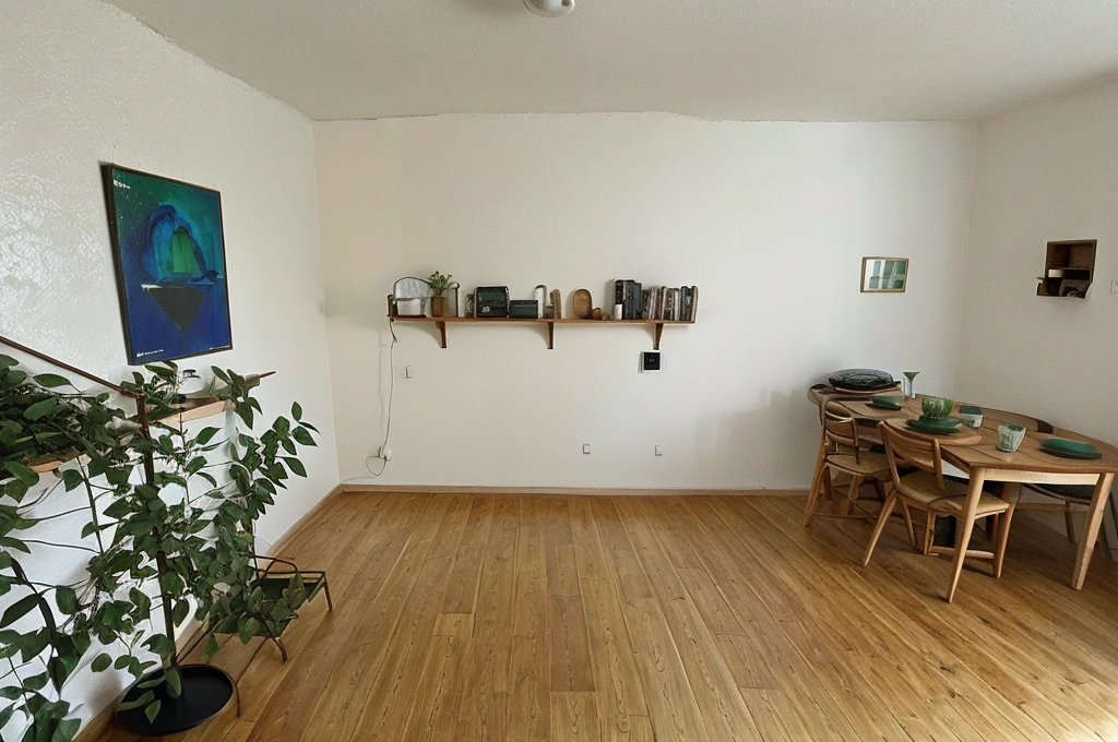 green sofa, round wooden table with chairs