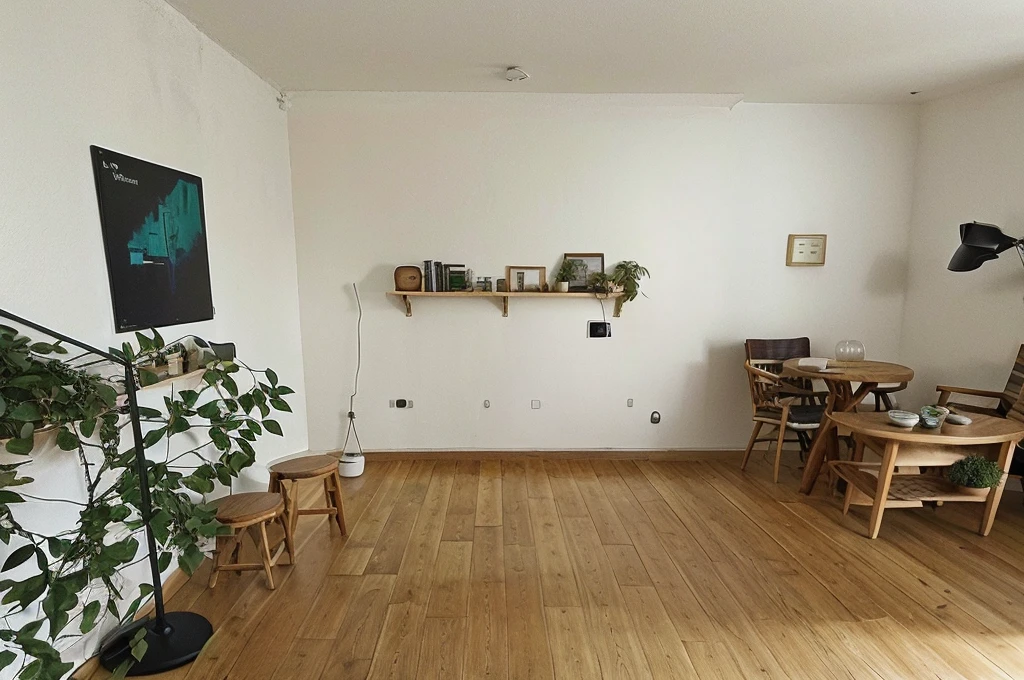 green sofa, round wooden table with chairs