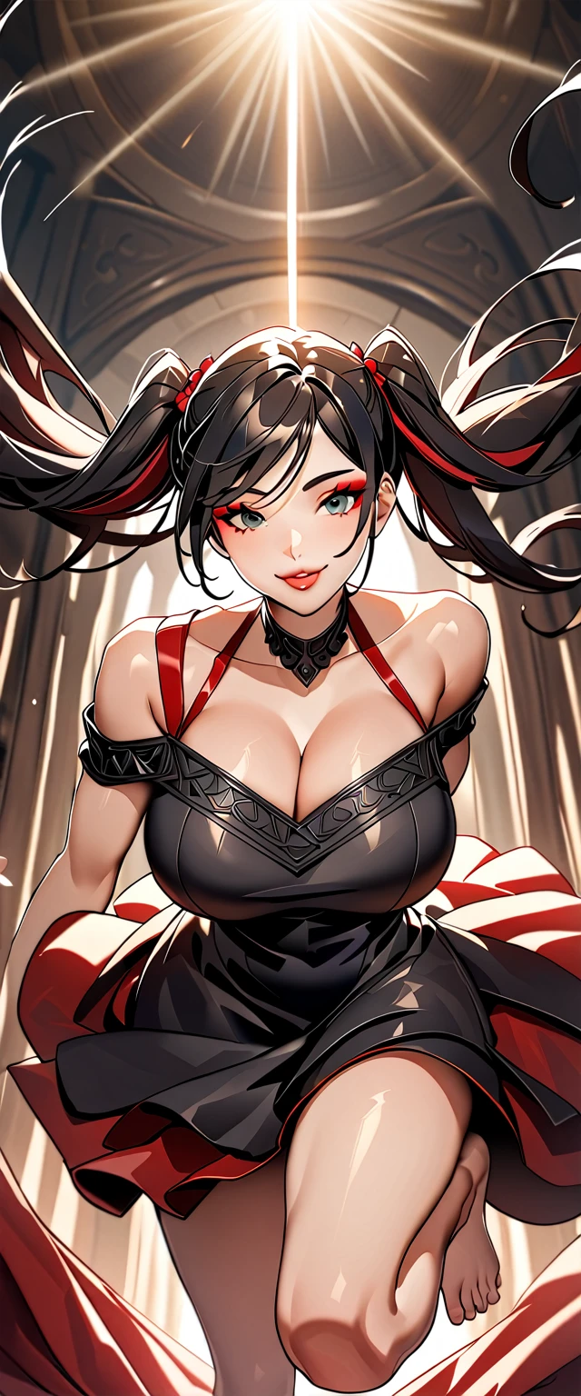 Photo of a woman with natural skin, Cowboy Shot, Dynamic pose, Smiling, High Twintails, Black hair with red mesh, Sharp eyes with red eyeshadow, Shining eyes, A thin, upturned nose, Well-shaped lips, ((Black off-the-shoulder dress, Thin shoulder straps)), Big Breasts, barefoot, Makeup, Exquisitely crafted with the utmost attention to detail, Vibrant, amazing, Smooth, Cinematic, 4K, Backlight, ((A wide grassland with a beautiful starry sky)), Shallow depth of field, ((Detailed eyes:1.3, Detailed lips:1.3, high quality, )), masterpiece, Super detailed images, High quality