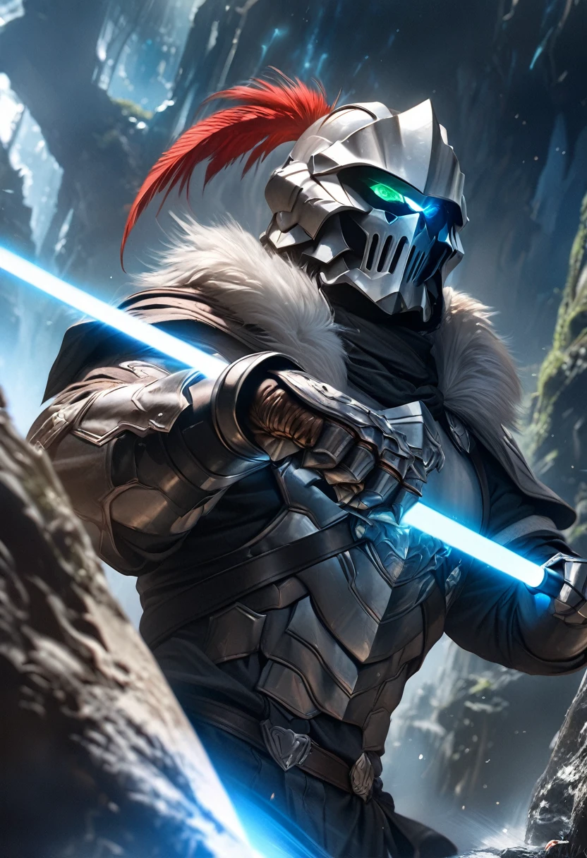 perfect hands, perfect finger,perfect ???????, masterpiece, best quality,realistic, hyperrealistic, 16k hdr,1 muscular man,,goblin slayer, armor, full face helmet, green glowing eye, plume, fur collar,(gauntlet:1.1), (blue Light saber:1.2),fantasy world,outdoor,fighting pose,dynamic pose,upper body,dynamic angle,from below