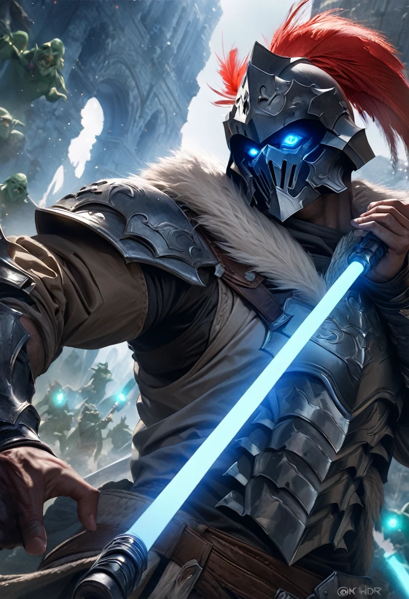 perfect hands, perfect finger,perfect anatomy, masterpiece, best quality,realistic, hyperrealistic, 16k hdr,1 muscular man,,goblin slayer, armor, full face helmet, green glowing eye, plume, fur collar,(gauntlet:1.1), (blue Light saber:1.2),fantasy world,outdoor,fighting pose,dynamic pose,upper body,dynamic angle,from below