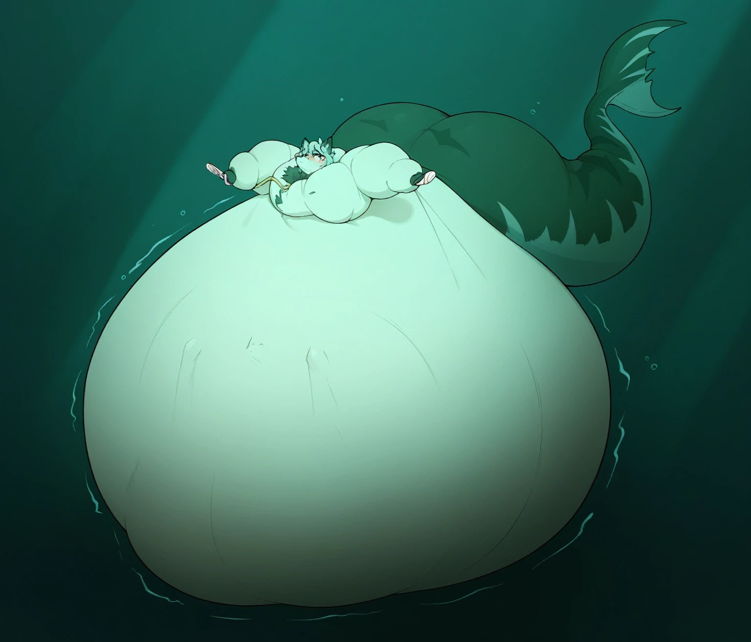 hairy,Blue fur,Super cute face,Shark marks on the fur,Tights,Fox ears,Beautiful lighting and shadows, Ambient Light, Extremely fine fur, Volumetric Light,Shark Tail,Huge belly,Inflated by hose