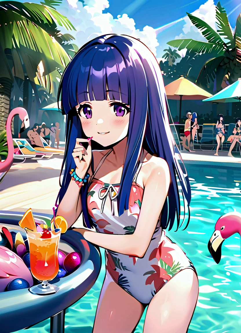 furude rika, Blue Hair, Purple eyes, Long Hair, blunt bangs, bangs, (Pool Party), Tropical print swimsuit, Flamingo float, Tropical Pool, Palm tree, Colorful cocktails, Summer Accessories, Bright smile, Festival Feeling, Mist effect, Glitter