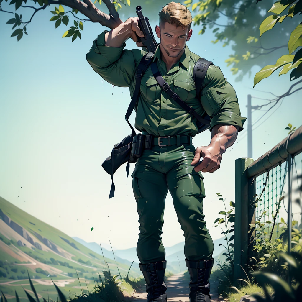 1 man, male focus solo, middle aged man,Stephen AMELL as private army soldier, lean muscle,olive green shirt, camouflage pants ,green belt , dark green boots ,( big bulge), full body shot, dark blond short hair, well groomed facial hair, smiling ,looking at the view, proud, holding a gun with one hand, , ultra high quality, masterpiece, (clear intense splashed dark green and white paint in the blackground)