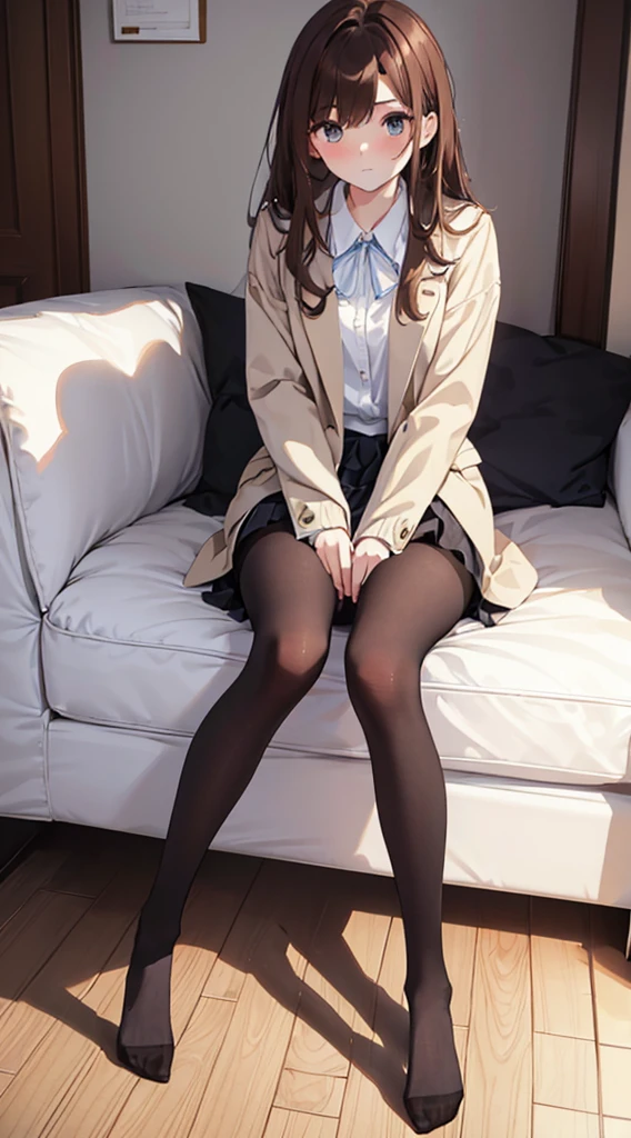 Top quality, masterpiece, High resolution, (Head to toe full body), front, frontやや下からの構図, Symmetric, Tall 18 year old girl, alone, (Head to toe), (Small breasts), Unkempt brown hair, bangs, (black tights), (Black Pantyhose), (Sit with your legs apart), (Crouching pose), (A composition showing white panties), (Her legs were spread、I see your white pants.), (I was made to sit on the floor with my legs spread..), (M-shaped legs), Thin legs, A very beautiful and tall 18 year old girl, (No shoes), blush, Shy big eyes, looking at the camera, Blazer Uniform, Checkered Pleated Skirt