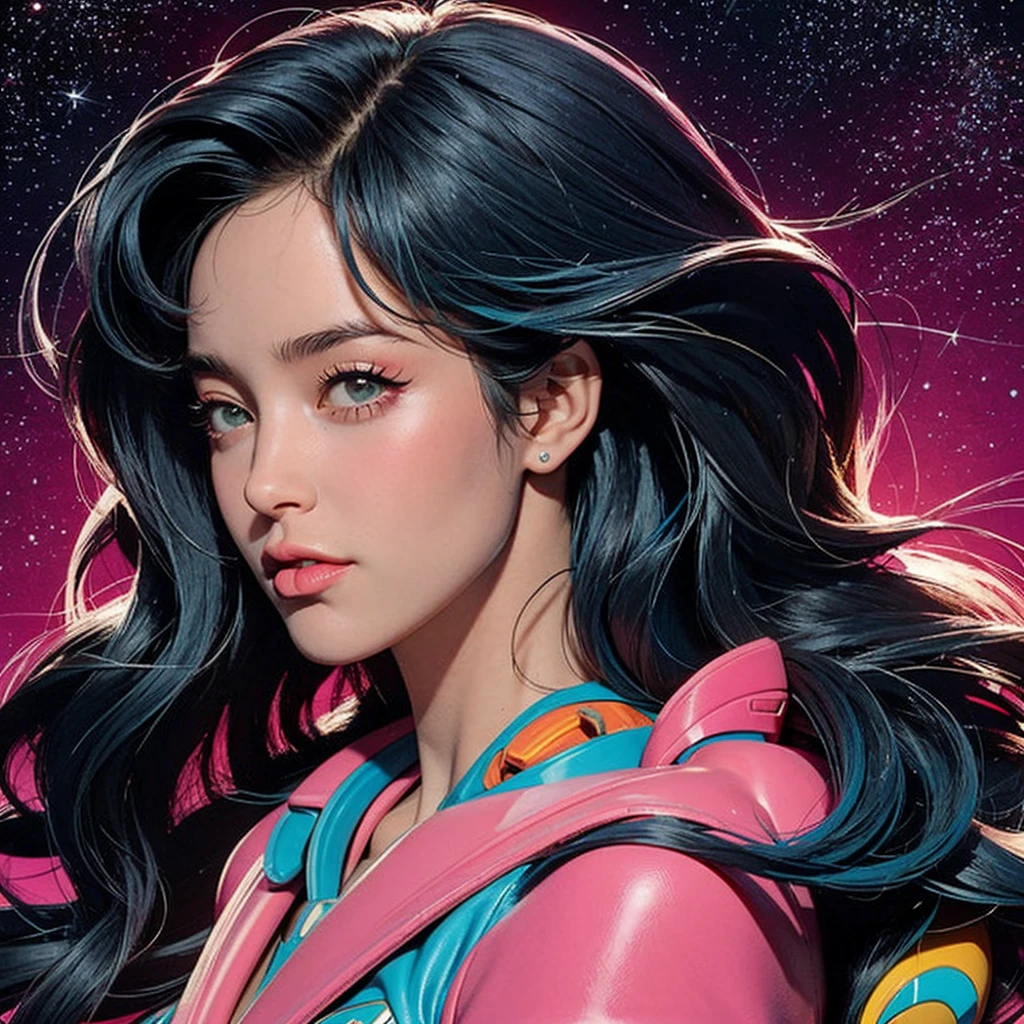 ultimate best quality,beautiful woman,speech bubble,big brest,galaxy,60s,70s,80s,colorful,cosmo,space,sunglass, profile view, head to shoulders, 1 woman