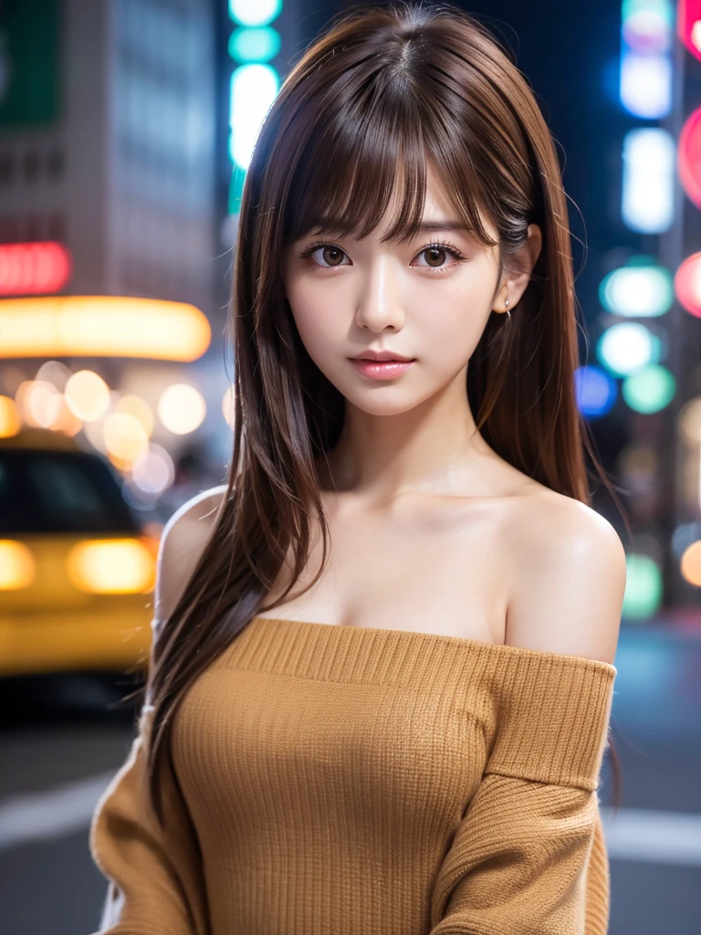 Ultra-high resolution, Superior Quality, Highest quality, Super detailed, Realistic, 8K, RAW Photos, Highest quality, masterpiece, Attractive girl, A wonderful girl, Brown Hair, Shoulder-length layered, Asymmetrical bangs, Japanese Idols, Sophisticated, stylish, Off-the-shoulder tops, Shibuya Ward,