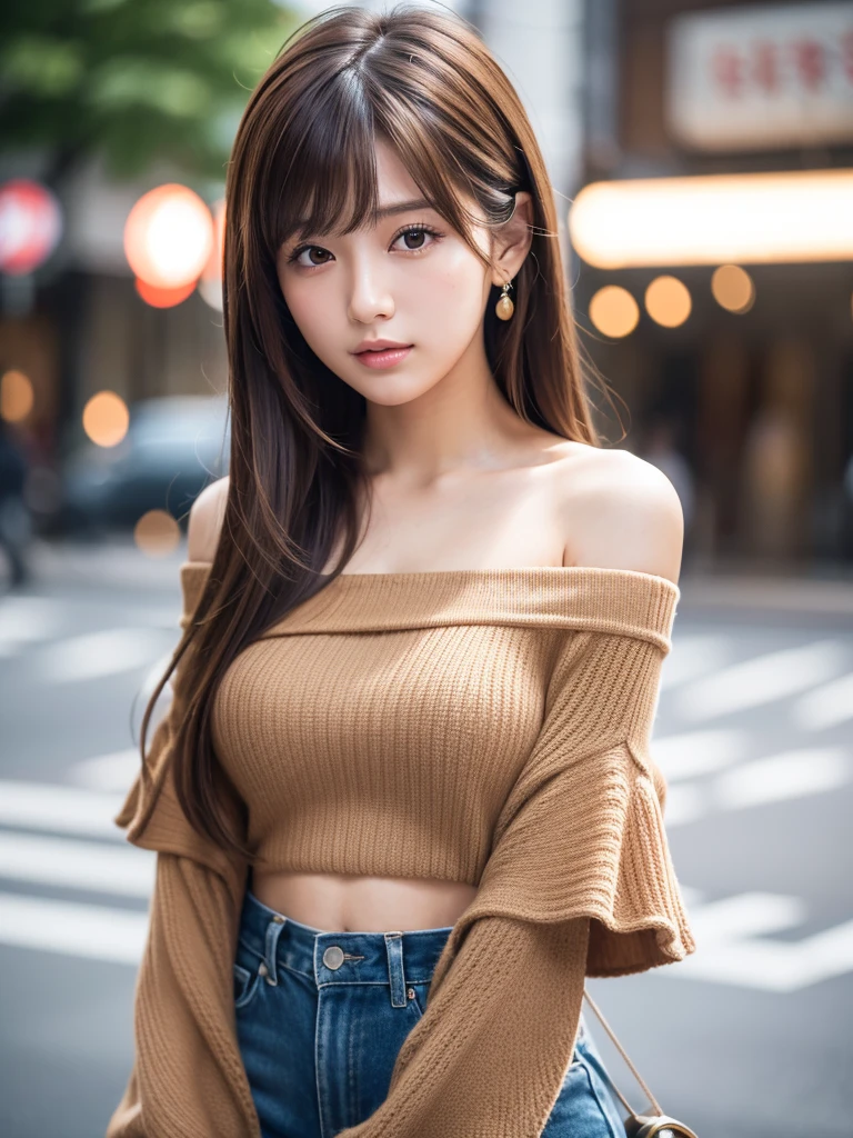 Ultra-high resolution, Superior Quality, Highest quality, Super detailed, Realistic, 8K, RAW Photos, Highest quality, masterpiece, Attractive girl, A wonderful girl, Brown Hair, Shoulder-length layered, Asymmetrical bangs, Japanese Idols, Sophisticated, stylish, Off-the-shoulder tops, Shibuya Ward,