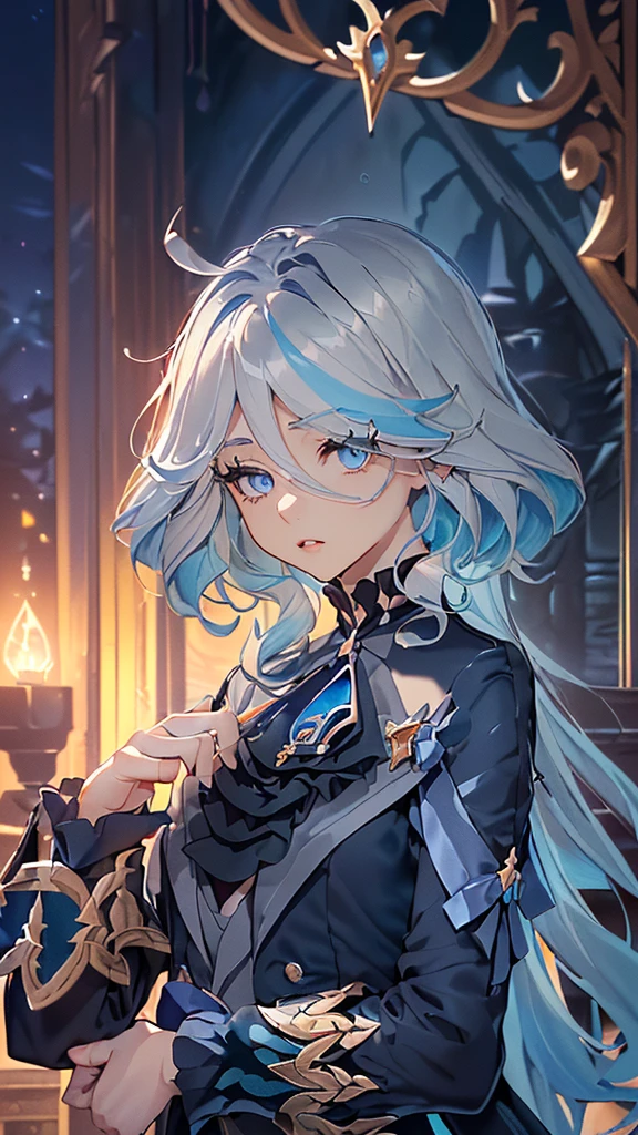 A boy singing in a rose garden、Waist to head、Diagonally upward、profile、(((Angle from below)))
Navy blue → light blue → blue-gray long hair、Curly hair、Mesh color17Year old boy、Colorful Eyes、Smaller nose、Slightly parted lips、Yellow and orange eyeshadow、Navy blue eyeliner、Black blouse、choker、Diamond Necklace、Blue Gemstone Brooch、Black coat with hands on chest、Black trousers、Belt with gemstones、Singing in a blue rose garden with a forest and an old castle in the background、a cappella best quality, Top quality, Top Quality
ultra detailed, Ultra-detailed
highres, High resolution
high-resolution, High resolution
HDR, High dynamic range
4k, 4K resolution