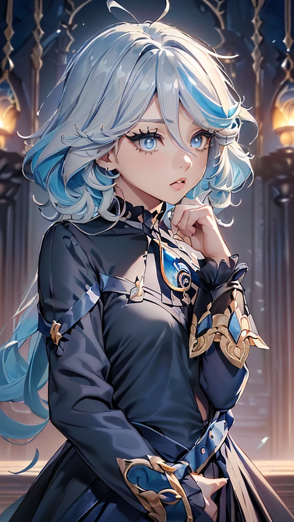A boy singing in a rose garden、Waist to head、Diagonally upward、profile、(((Angle from below)))
Navy blue → light blue → blue-gray long hair、Curly hair、Mesh color17Year old boy、Colorful Eyes、Smaller nose、Slightly parted lips、Yellow and orange eyeshadow、Navy blue eyeliner、Black blouse、choker、Diamond Necklace、Blue Gemstone Brooch、Black coat with hands on chest、Black trousers、Belt with gemstones、Singing in a blue rose garden with a forest and an old castle in the background、a cappella best quality, Top quality, Top Quality
ultra detailed, Ultra-detailed
highres, High resolution
high-resolution, High resolution
HDR, High dynamic range
4k, 4K resolution