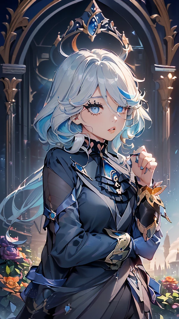 A boy singing in a rose garden、Waist to head、Diagonally upward、profile、(((Angle from below)))
Navy blue → light blue → blue-gray long hair、Curly hair、Mesh color17Year old boy、Colorful Eyes、Smaller nose、Slightly parted lips、Yellow and orange eyeshadow、Navy blue eyeliner、Black blouse、choker、Diamond Necklace、Blue Gemstone Brooch、Black coat with hands on chest、Black trousers、Belt with gemstones、Singing in a blue rose garden with a forest and an old castle in the background、a cappella best quality, Top quality, Top Quality
ultra detailed, Ultra-detailed
highres, High resolution
high-resolution, High resolution
HDR, High dynamic range
4k, 4K resolution