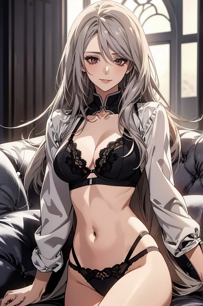 (Highest quality, High resolution, Very detailed), 1 female, Silver Hair, Long Hair, Reddish brown eyes, lace thong bra, Large Breasts, secretary, 24th generation, Beautiful woman, mature, quiet, Calm, A small smile, sofa,