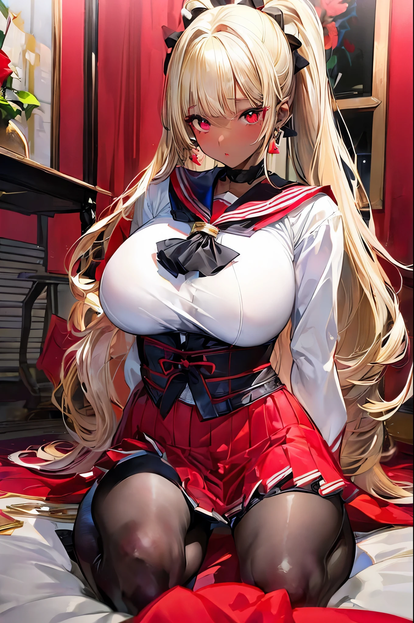 (masterpiece:1.2、Highest quality、Tmasterpiece)、1 female、alone、Day、classroom、stand、beauty、blonde、ponytail、Red eyes、(Sailor suit:1.4)、(Dark Skin:1.4)、break、Big Breasts、(pantyhose)、corset、Earrings、lipstick、Long sleeve、choker、mini skirt、blush、Covered breasts、Bangs braids、(Thick lips:1.2)、((kneelingarmsbehindback:1.4))