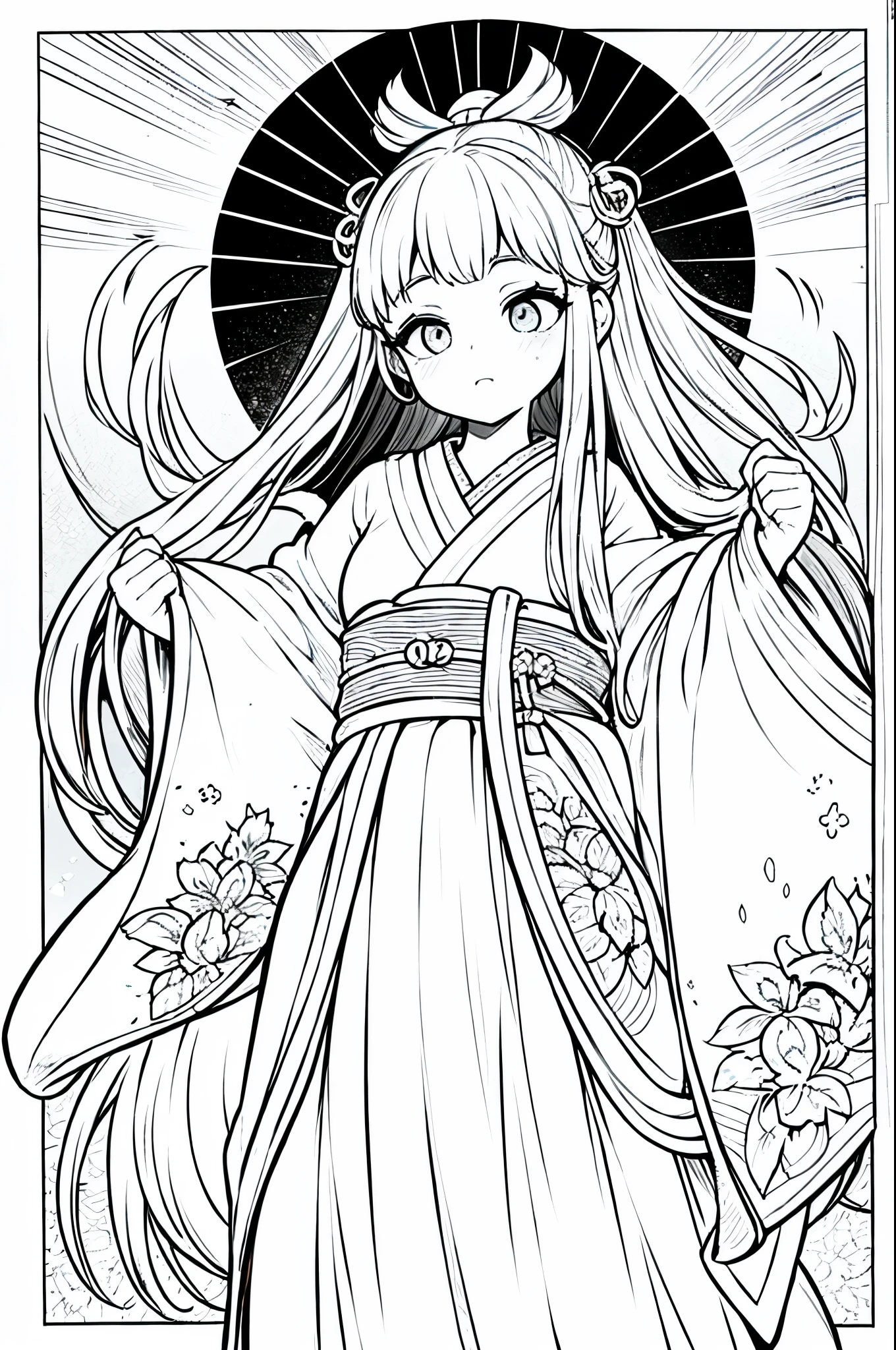 As a coloring book, the color should be black and white, the border should be simple, clear, and bold. A graceful Asian girl with elegant movements is performing a traditional Japanese dance in a grand [Kabuki theater]. She is wearing an exquisite [kimono with crane pattern], the flowing silk fabric accentuating her graceful movements. The girl's face is painted with delicate makeup, and her hair is adorned with an elaborate [hair ornament]. The intricate details of the kimono and the theater setting provide for the coloring book illustration.