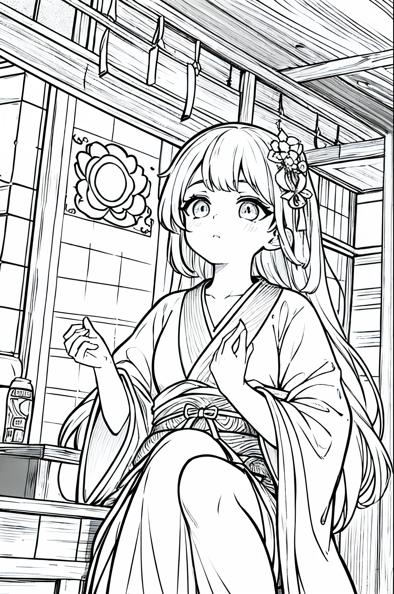 As a coloring book, the color should be black and white, the border should be simple, clear, and bold. A graceful Asian girl with elegant movements is performing a traditional Japanese dance in a grand [Kabuki theater]. She is wearing an exquisite [kimono with crane pattern], the flowing silk fabric accentuating her graceful movements. The girl's face is painted with delicate makeup, and her hair is adorned with an elaborate [hair ornament]. The intricate details of the kimono and the theater setting provide for the coloring book illustration.