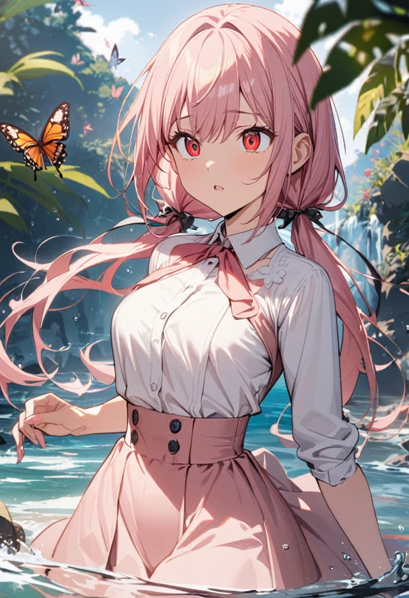 1 girl, masterpiece, best quality, beautiful, baby pink hair, low pigtails, red eyes, big eyes, high waist skirt, butterfly, water, anime
