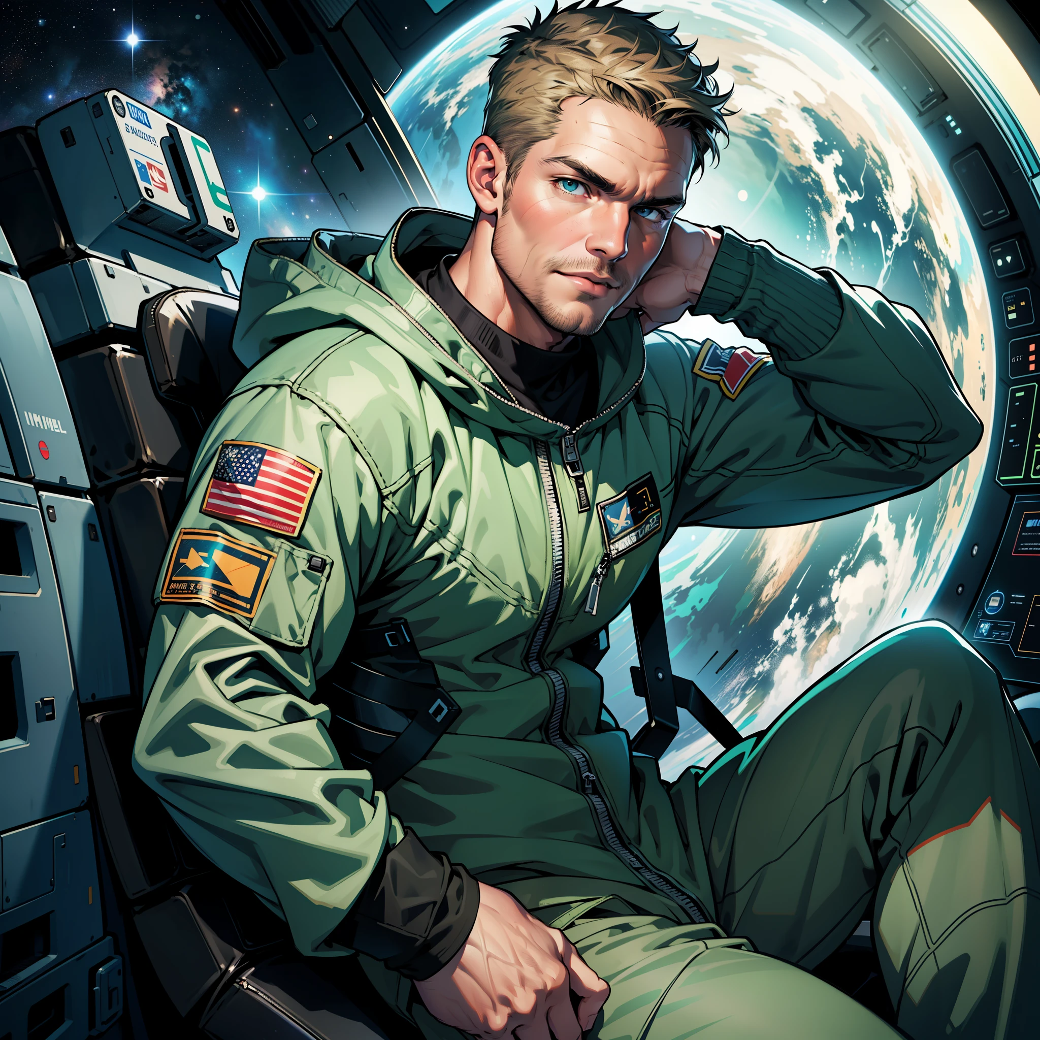 32k,masterpiece, best quality, detailed face, natural eyes,1man, solo mature man, muscled and mature, stephen amell as an astronaut wearing future space suit, dark green suit, showing muscles and bulge ,floating in the space inside a space shuttle , with "arrow" text and logo on his suit , full body, intricate Detailed background