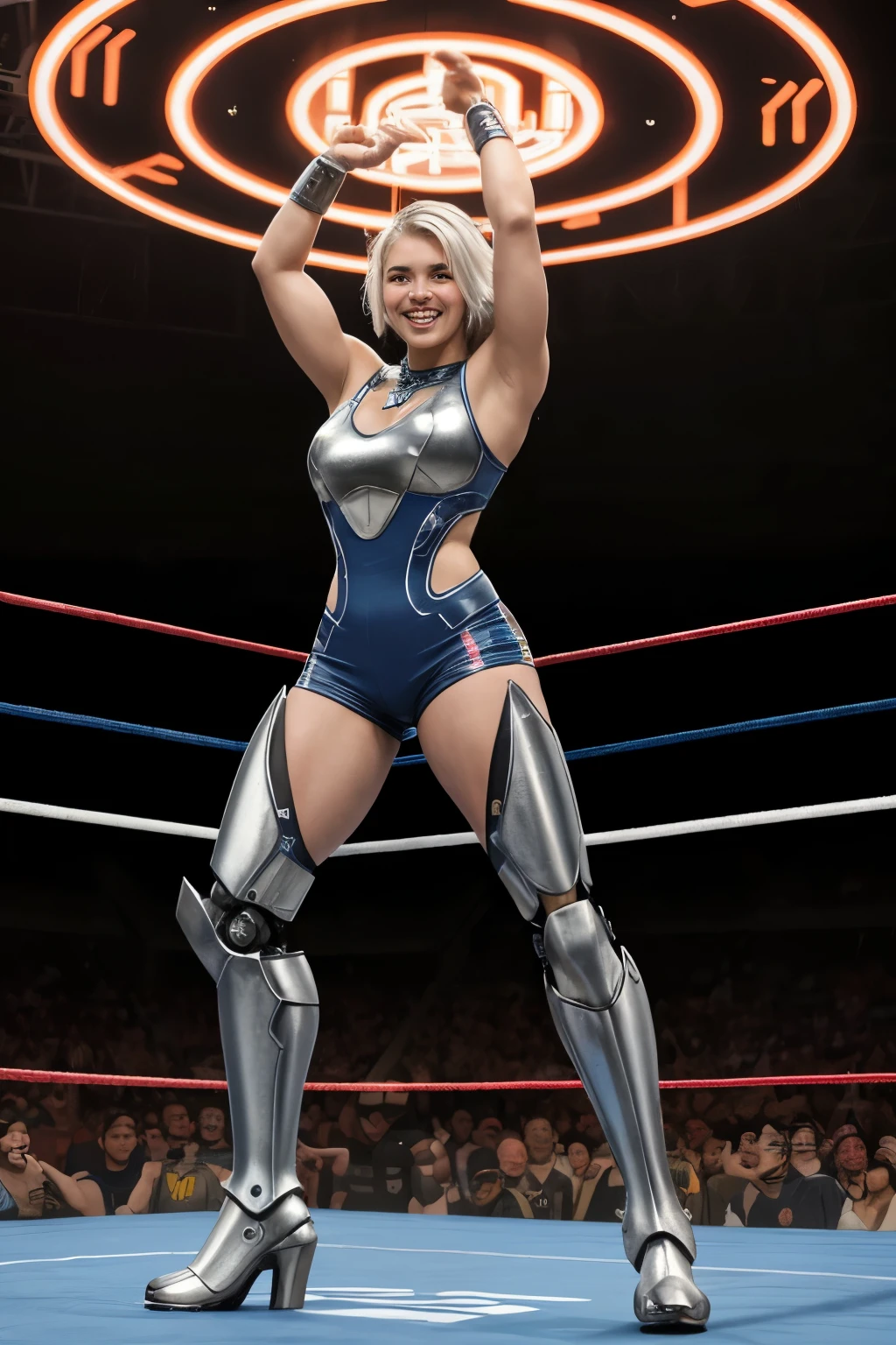 Concept: Doudrop, the AIWF Colossus, crushes a robotic opponent in a futuristic gladiator arena.
Details:
* Wrestler: Doudrop (short, blonde hair, athletic build, around 6'0" tall with a warm and friendly smile).
* Face: Doudrop has a bright smile and determined expression, showcasing her confidence and power. Sweat beads on her forehead from the exertion.
* Body: Doudrop possesses an incredibly powerful and imposing physique, a result of years of dedicated training. Her thick arms and broad shoulders exude raw strength.
* Attire: A custom-designed AIWF outfit that emphasizes her strength and resilience. Imagine a dark blue and silver gladiator-style armor suit. The armor incorporates glowing circuitry that outlines tribal patterns across her chest and arms. She wears comfortable athletic shorts underneath the armor and heavy-duty boots.
* Pose: Doudrop stands triumphantly over a defeated robotic opponent in the center of a futuristic gladiator arena. The robot is crumpled beneath her immense weight. Doudrop raises her arms in victory, a roar erupting from the crowd.
* Background: The AIWF arena is a high-tech marvel. The walls are made of transparent metal, revealing a bustling cityscape bathed in neon lights. The ceiling is a holographic dome that projects a cheering crowd and dazzling light displays.
* Visual Style: Blend futuristic gladiator aesthetics with a touch of cyberpunk. Maintain a blue and silver color scheme with accents of neon orange to highlight Doudrop's energy.