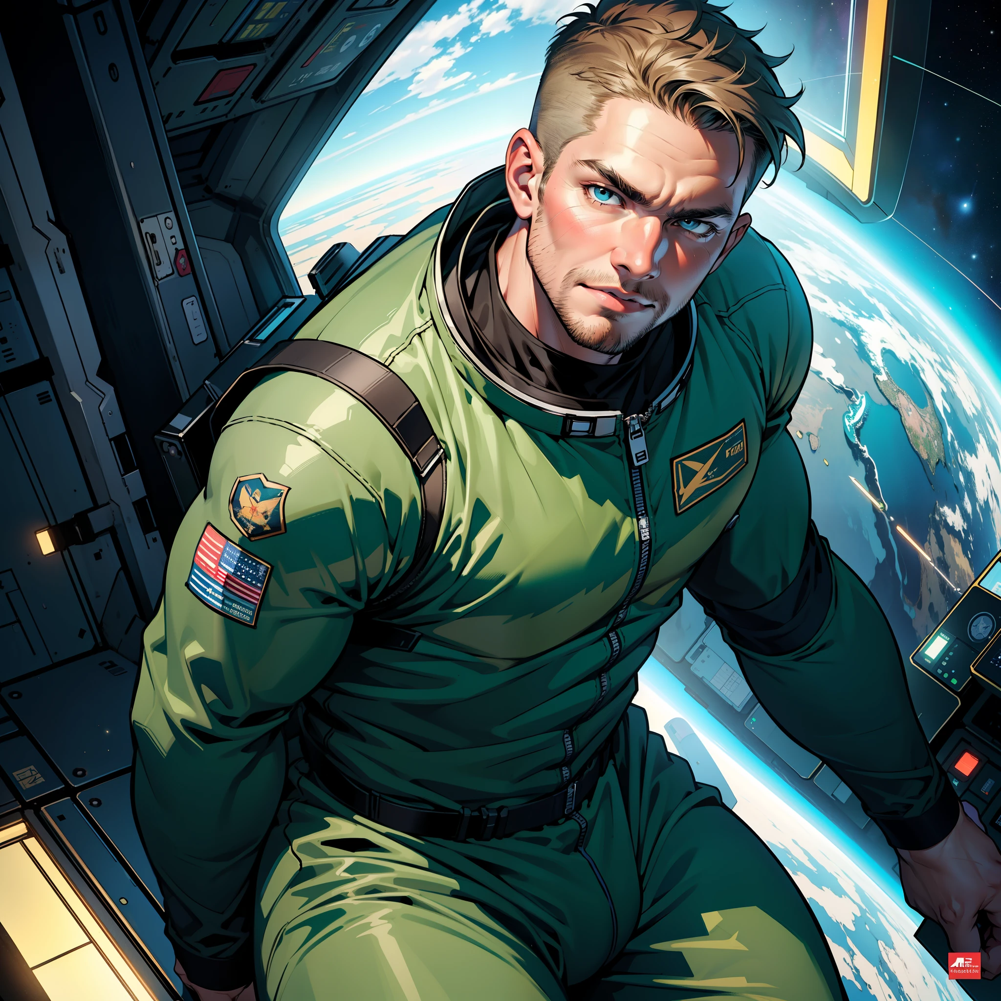32k,masterpiece, best quality, detailed face, natural eyes,1man, solo mature man, muscled and mature, stephen amell as an astronaut wearing future space suit, dark green suit, showing muscles and bulge ,floating in the space inside a space shuttle , with "arrow" text and logo on his suit , full body, intricate Detailed background