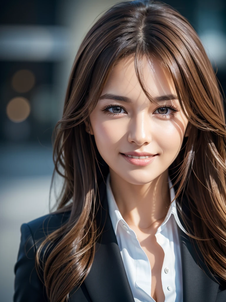 Tabletop, Highest quality, Realistic, Super detailed, In detail, High resolution, 8k wallpaper, One beautiful woman,, Light brown messy hair, Wearing a business suit, Sharp focus, Perfect dynamic composition, Beautiful attention to detail, Fine hair, Detailed and realistic skin texture, smile, Close-up portrait, Model Body Type