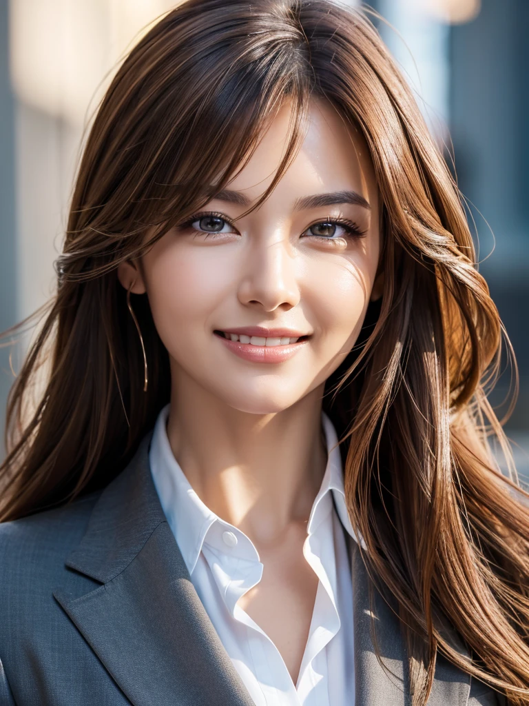 Tabletop, Highest quality, Realistic, Super detailed, In detail, High resolution, 8k wallpaper, One beautiful woman,, Light brown messy hair, Wearing a business suit, Sharp focus, Perfect dynamic composition, Beautiful attention to detail, Fine hair, Detailed and realistic skin texture, smile, Close-up portrait, Model Body Type