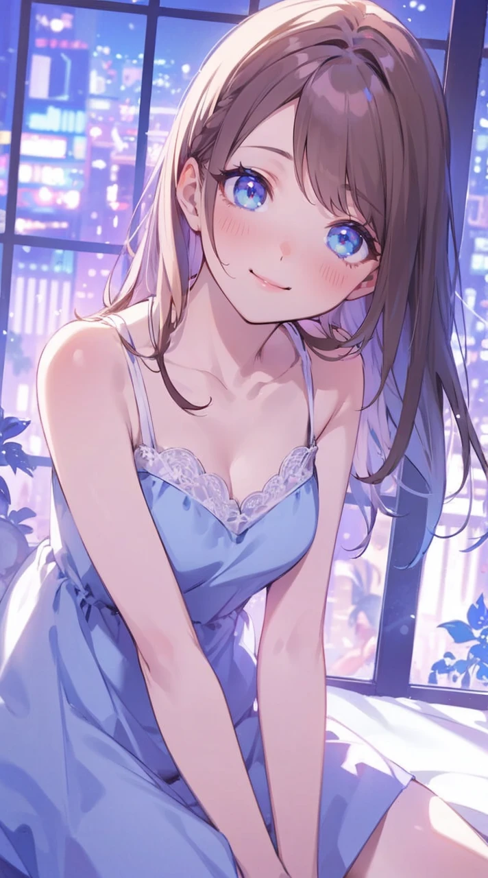 The pinnacle of anime illustration, moe style illustration, The best of the best, super masterpiece, Super fine, master piece, extremely detailed, high resolution, Spring onion style, Curious eyes, Glossy, plump lips, Shiny Hair, Narrow waist, girl, Leaning forward and looking at us, Brown Hair, Nightwear, Outside the window, the night view shines purple, Sleepily stretching, Semi-long straight hair, Smiling happily, On the bed