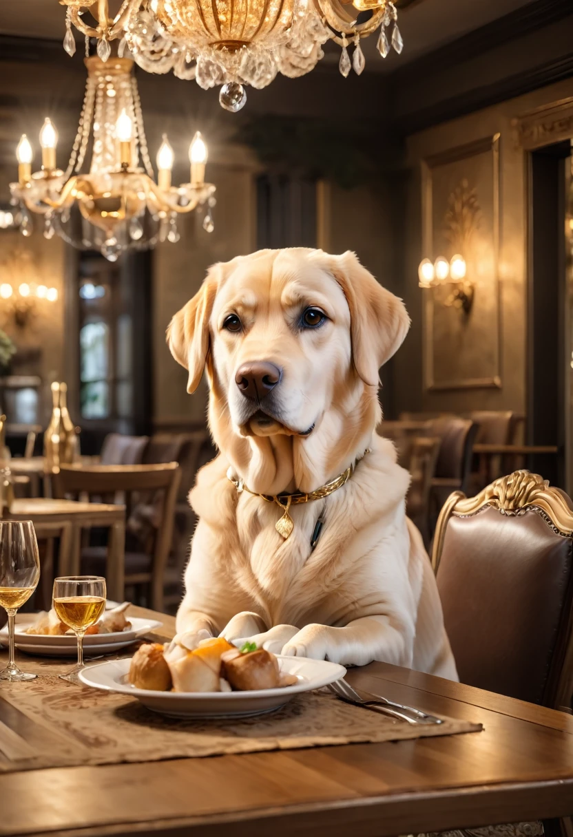 In the soft light of a chandelier in a classic-style restaurant, a friendly golden Labrador sits under a large wooden table decorated with luxurious tableware. The 8K UHD image is rendered in RAW format, boasting incredible photorealism, with every strand of fur and the dog's eyes meticulously detailed, fur textures subtly nuanced, and faces full of gentle curiosity. Everything is combined with a rich color palette of natural tones, warm beige and gold, evoking a cinematic atmosphere full of comfort and warmth.