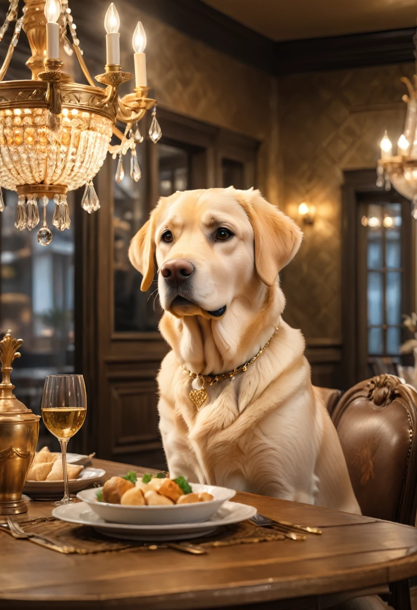 In the soft light of a chandelier in a classic-style restaurant, a friendly golden Labrador sits under a large wooden table decorated with luxurious tableware. The 8K UHD image is rendered in RAW format, boasting incredible photorealism, with every strand of fur and the dog's eyes meticulously detailed, fur textures subtly nuanced, and faces full of gentle curiosity. Everything is combined with a rich color palette of natural tones, warm beige and gold, evoking a cinematic atmosphere full of comfort and warmth.