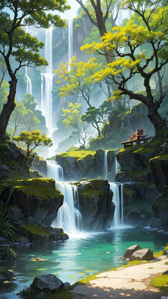 Chinese ancient times, spring, jungle, lake, cave, waterfall, tree, meadow, rock, deer, hot spring, water vapor, (illustration: 1.0), epic composition, realistic lighting, HD details, masterpiece, best quality, (very detailed CG unified 8k wallpaper)
