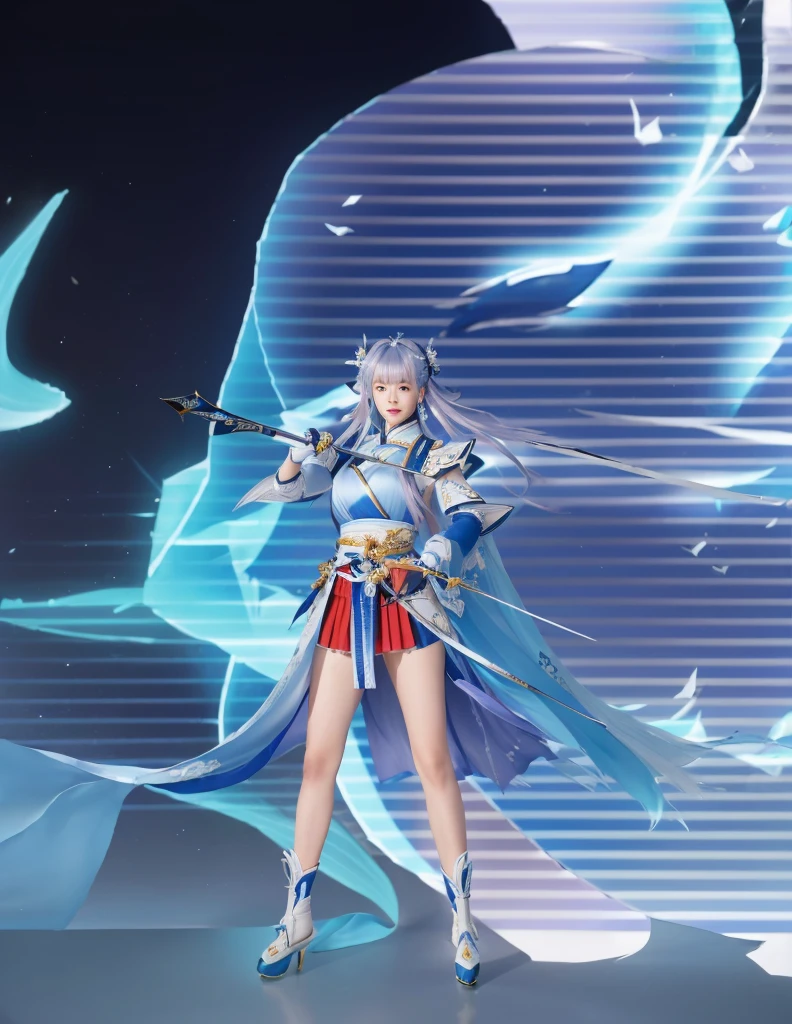 a close up of a person standing in front of a blue and white background, ayaka genshin impact, ayaka game genshin impact, full body xianxia, keqing from genshin impact, lineage 2 revolution style, zhongli from genshin impact, genshin impact character, inspired by Ren Xiong, sliver ice color reflected armor, realistic, ultra detail 
