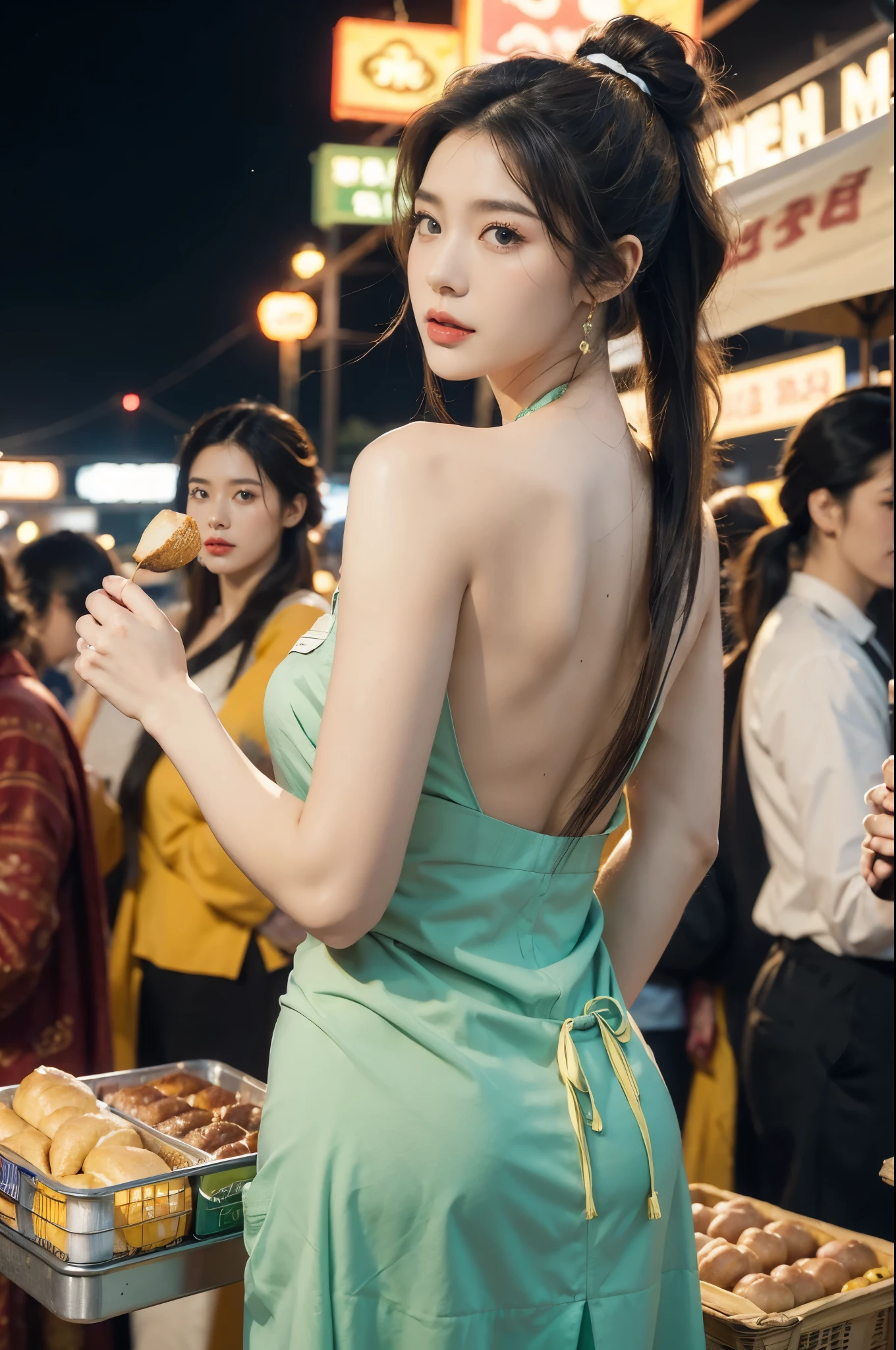 (((best quality))),(((ultra detailed))),(((masterpiece))),illustration,((1 beautiful girl,solo)),(short ponytail:1.2),(sheer apron:1.2),((bare shoulder,bare arms)),((slim,thin)),((bare back,towering hips,butt crack)),shopping, market, meat, bustling,early morning,bright eyes, flushed face, lively appearance, energetic, vendors, calls, wares, plastic sheets, spices, haggling, examining, cuts, beef, stall, butcher paper, scale, kaleidoscope, colors, sounds, fruits, vegetables, animated, talking, joking, background, food stall, breakfast rolls, vendor, steaming, fresh bread, butter, early hour, energy, chatting, vibrant, chaotic, community,((night scene,outdoor)),(surrounded by crowded crowds:1.3),((from back,upper body))