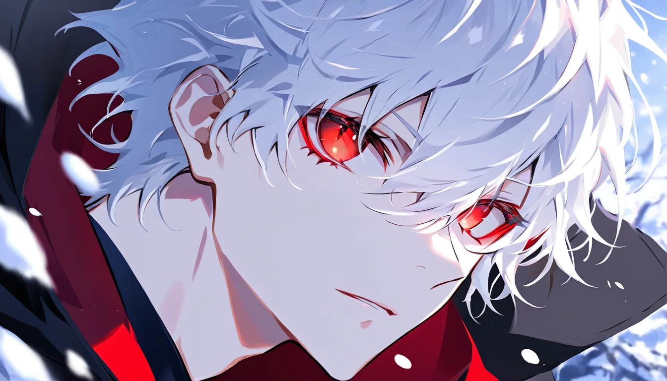 boy, Black coat, Snow-white hair, Short Hair for Men, Bright red eyes, Avatar