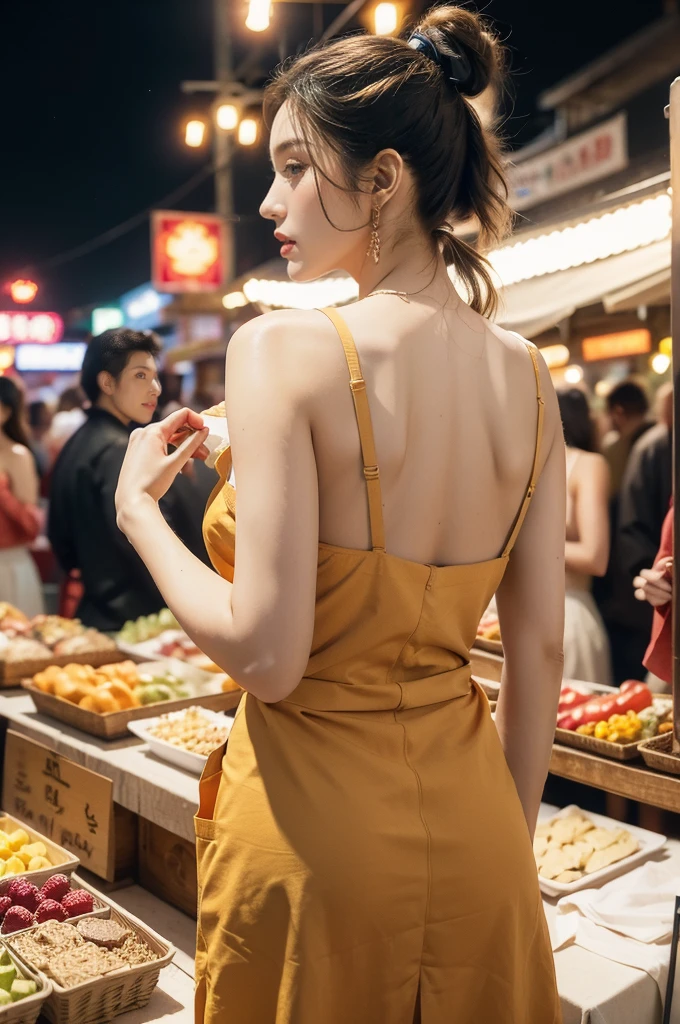 (((best quality))),(((ultra detailed))),(((masterpiece))),illustration,((1 beautiful girl,solo)),(short ponytail:1.2),(sheer apron:1.2),((bare shoulder,bare arms)),((slim,thin)),((bare back,towering hips,butt crack)),shopping, market, meat, bustling,early morning,bright eyes, flushed face, lively appearance, energetic, vendors, calls, wares, plastic sheets, spices, haggling, examining, cuts, beef, stall, butcher paper, scale, kaleidoscope, colors, sounds, fruits, vegetables, animated, talking, joking, background, food stall, breakfast rolls, vendor, steaming, fresh bread, butter, early hour, energy, chatting, vibrant, chaotic, community,((night scene,outdoor)),(surrounded by crowded crowds:1.3),((from back,upper body))