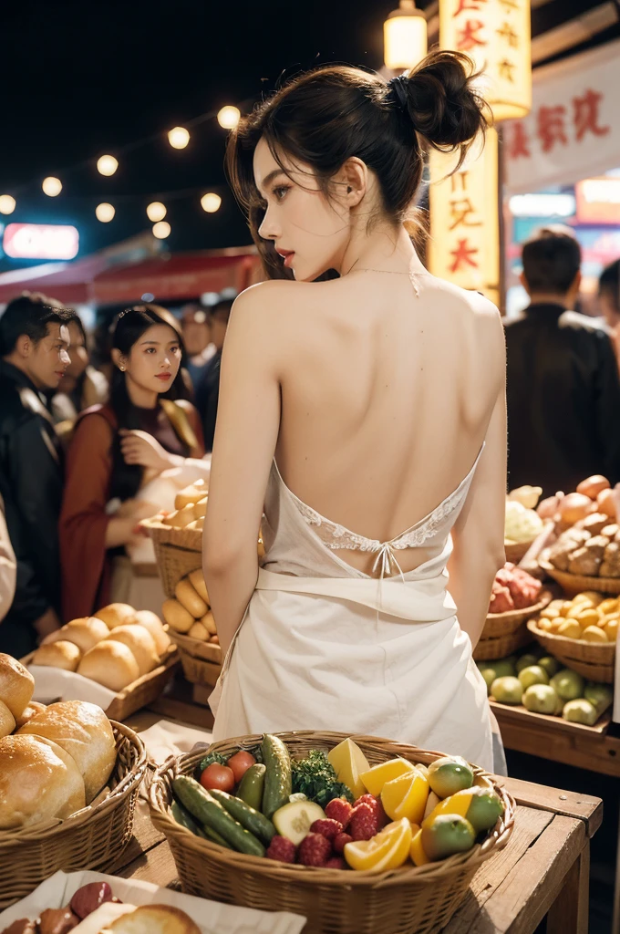 (((best quality))),(((ultra detailed))),(((masterpiece))),illustration,(1 beautiful girl,solo),(short ponytail:1.2),(sheer apron:1.2),((bare shoulder,bare arms)),((slim,thin)),((bare back,towering hips,butt crack)),shopping, market, meat, bustling,early morning,bright eyes, flushed face, lively appearance, energetic, vendors, calls, wares, plastic sheets, spices, haggling, examining, cuts, beef, stall, butcher paper, scale, kaleidoscope, colors, sounds, fruits, vegetables, animated, talking, joking, background, food stall, breakfast rolls, vendor, steaming, fresh bread, butter, early hour, energy, chatting, vibrant, chaotic, community,((night scene,outdoor)),(surrounded by crowded crowds:1.3),((from back,upper body))