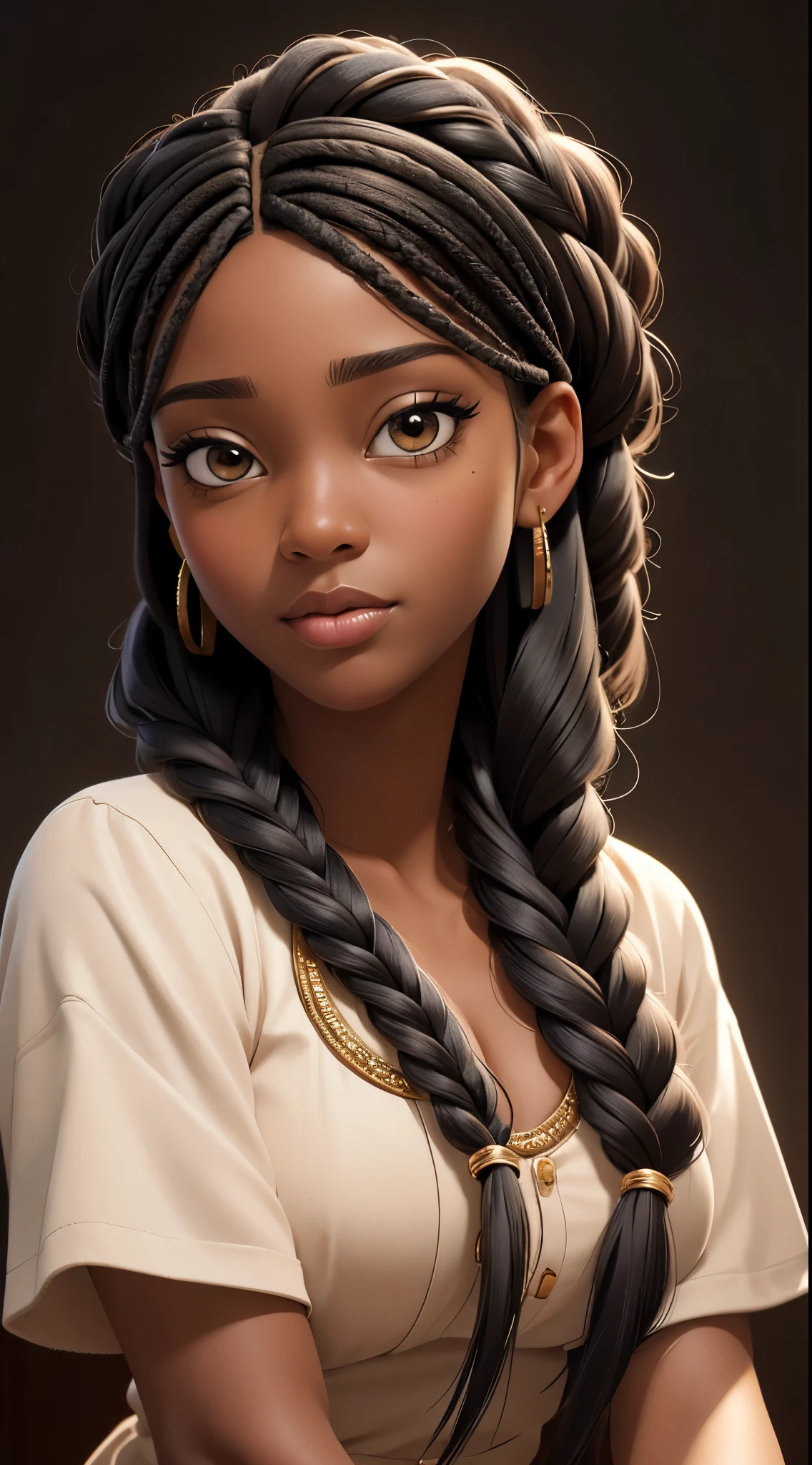 (best quality, masterpiece:1.2), realistic, detailed portrait of 1 black girl,braiding wig close up,realistic oil painting, vibrant colors, soft lighting, intricate brushstrokes, elegant pose, expressive eyes, flowing hair, delicate features.