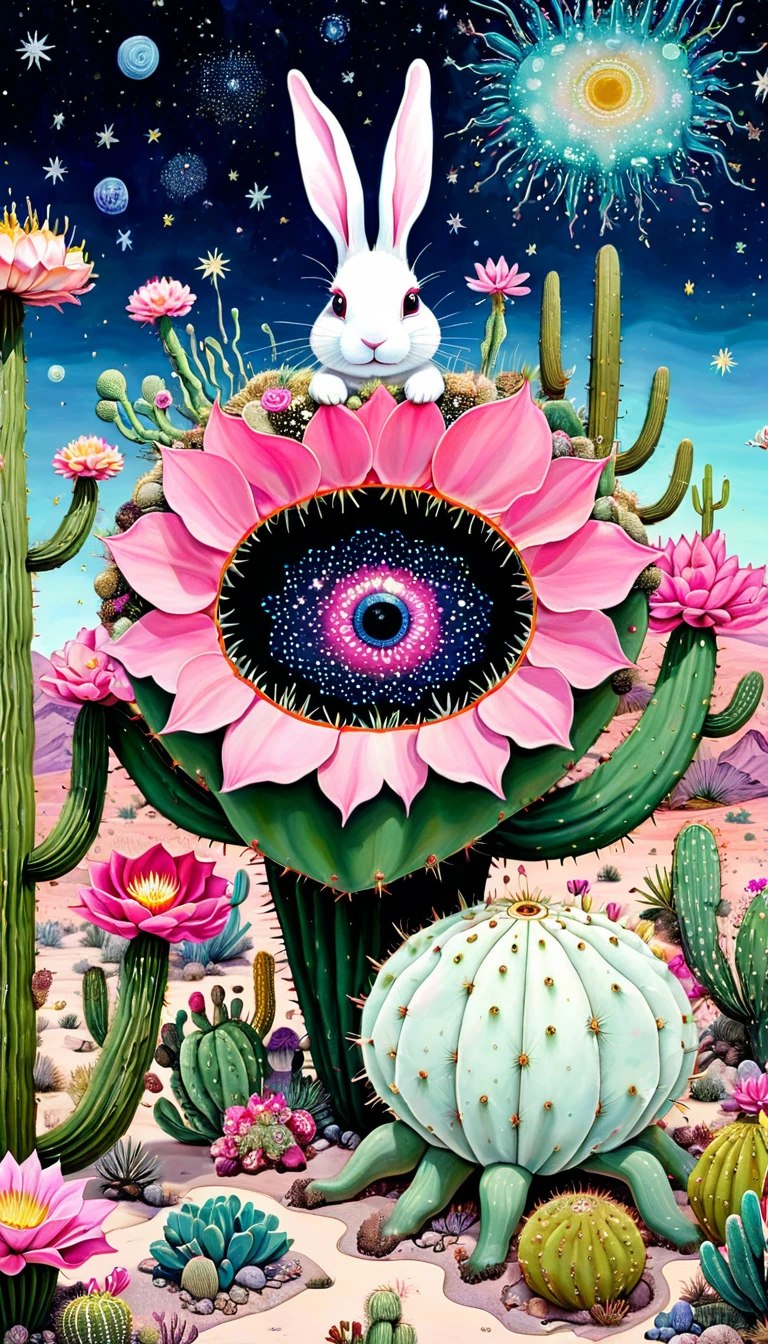 &quot;Dick Ellescas Artist Style&quot; Wide Desert，Huge rabbit，cactus，bacteria，Spore powder，Fungi，Marine Life，plant，flower，Tentacles，Eye、Starry Sky，Stitching together an abstract painting，Describing the inner world of autistic people，Sense of space，White Space，interesting，Innocence，Psychedelic Art，Pink theme