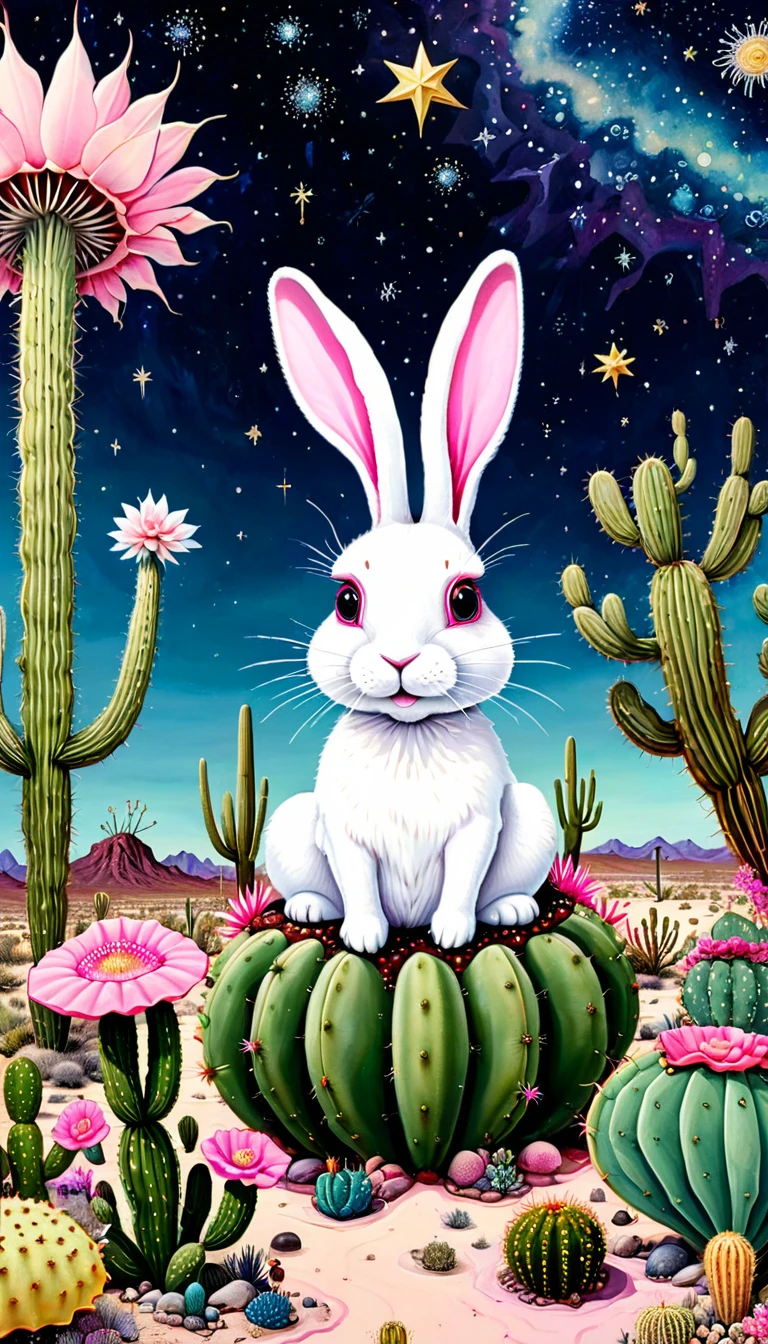 &quot;Dick Ellescas Artist Style&quot; Wide Desert，Huge rabbit，cactus，bacteria，Spore powder，Fungi，Marine Life，plant，flower，Tentacles，Eye、Starry Sky，Stitching together an abstract painting，Describing the inner world of autistic people，Sense of space，White Space，interesting，Innocence，Psychedelic Art，Pink theme