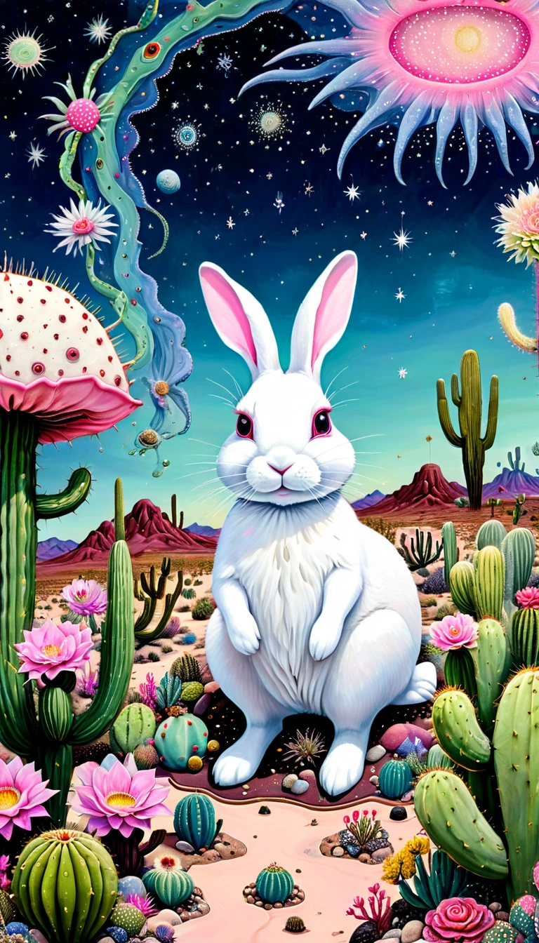 &quot;Dick Ellescas Artist Style&quot; Wide Desert，Huge rabbit，cactus，bacteria，Spore powder，Fungi，Marine Life，plant，flower，Tentacles，Eye、Starry Sky，Stitching together an abstract painting，Describing the inner world of autistic people，Sense of space，White Space，interesting，Innocence，Psychedelic Art，Pink theme