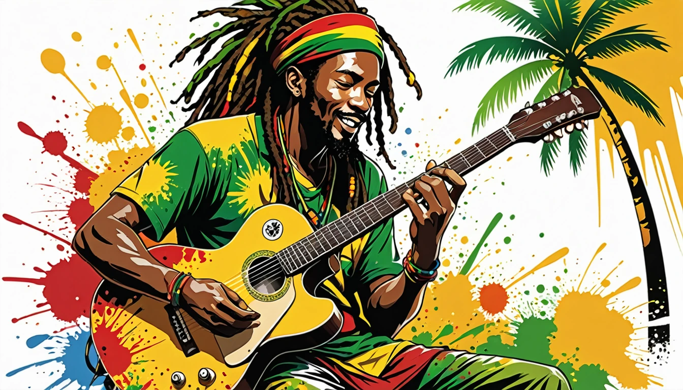 Vector art, Lots of Jamaican Reggae, Authentic Jamaican reggae music atmosphere，Color illustrations, in the center, Vibrant colors, Paint splatters and stains, High detail, 
Palm tree,A man is playing a guitar in rasta colors