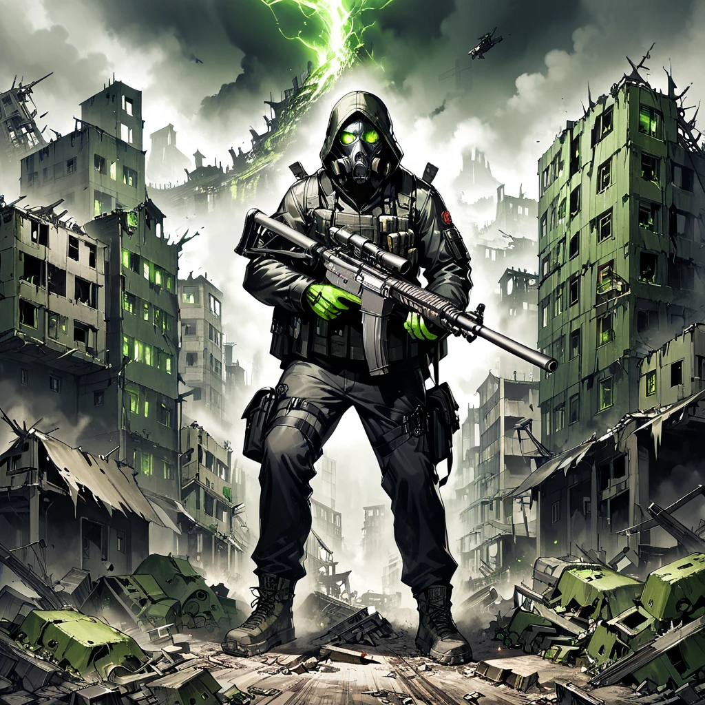1man, russian, 40 years old, Character Design and Doomsday, Details, glowing steelgreen eyes, detailsTextured Skin, Black leather coat, Tactical gasmask, Holding a gun, aim action,(aim:1.2), Modified firearm, modify heavy firearms, ((destroyed town, apocalypses town,)