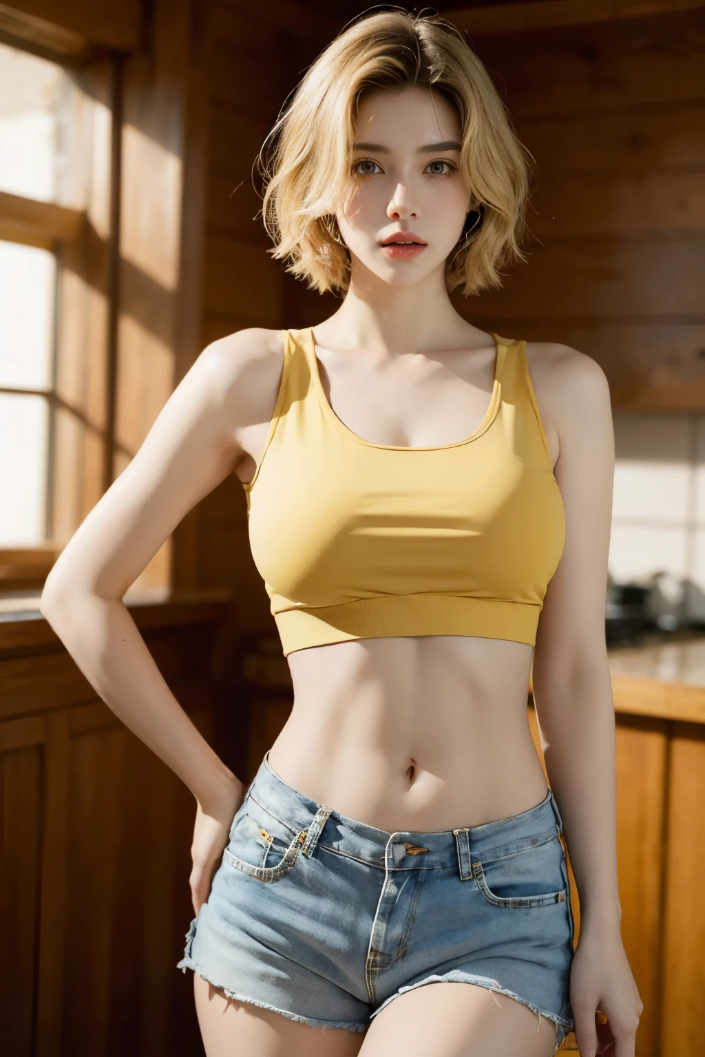 (photo realist: 1.4), (hiper realist: 1.4), (realist: 1.3), (smoother lighting: 1.05), (Improve the quality of movie lighting: 0.9), 32K(Aumentar a beauty da textura da pele: 1,1, better quality, (beauty), masterpiece, Physically based rendering, ultra high resolution, masterpiece, best quality, full body, a standing girl with short shorts, yellow crop top, midriff and short blonde hair, navel, beauty face, big breast