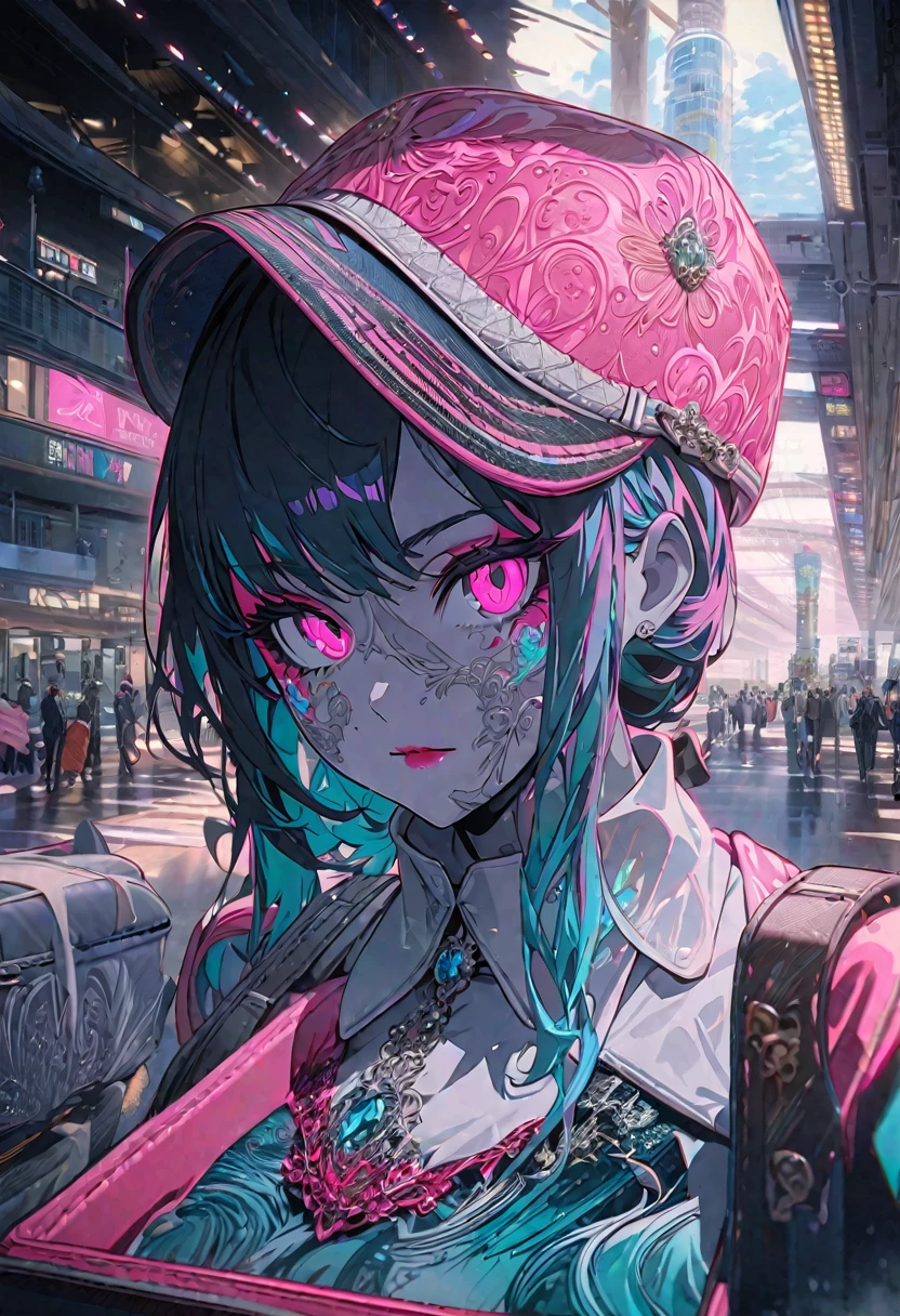 High resolution RAW color art, animation, Silver Marble Skin, (((Highly detailed elegant))), Magical atmosphere, Detailed skin, texture,(Exquisitely crafted, The finer details, Ultra-detailed art), Depth of written boundary, Silky Touch, Hyper Detail, Matte Drawing, (Gear Factory), Aquamarine Eyes, Elegant face, Pink Eyes,Red eyeshadow,Dior Pink Lips Light,Neon color,suitcase,Carry a backpack,The day of departure,Jacket,White T-shirt,Short skirt,Wearing a cap,airport,airport８K,