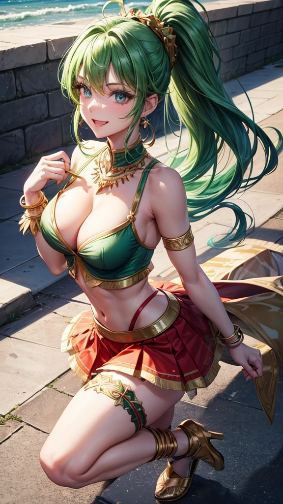 8k, beautiful woman, full body, green hair, ponytail hair, blue eyes, big smile, beautiful makeup, perfect nose, bust vest, red mini skirt, back view, golden necklace, gold bracelet, white garter belt on leg, bare legs, bare arms