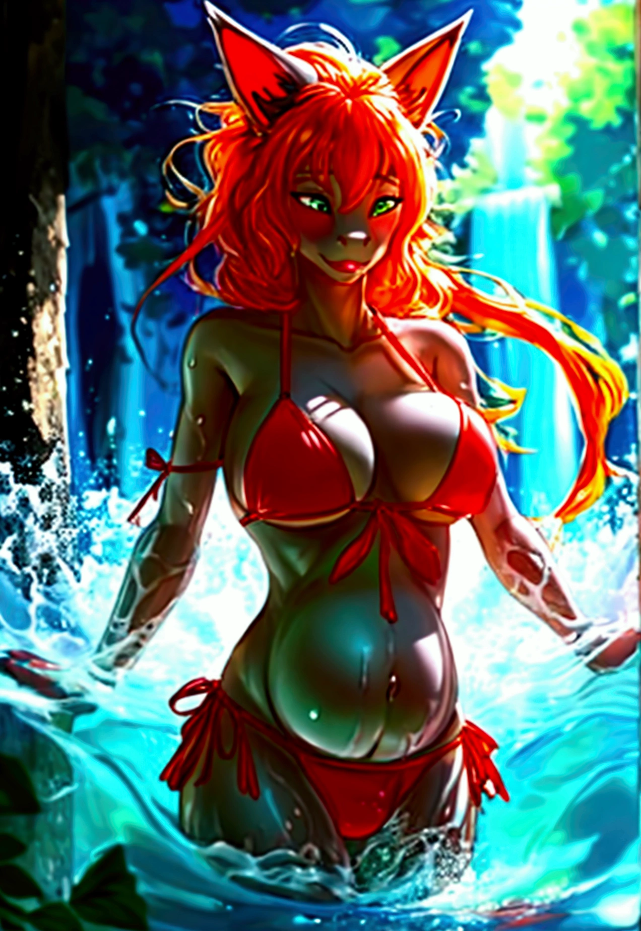 (8k, RAW photos, minino:1.1) ,female,(looki at viewer company),cowboy lens,Japanese,rangiku matsumoto/ (bleach\),(orange bikini:1.1),La Brett Piercing,cleavage,(((orange bikini))),Be red on the face, full body photo, standing, seductive, lean, muscular legs, muscular belly.orange hair,big breasts, Professional lighting、photon mapping、physics-based rendering、dark theme,in front of a waterfall