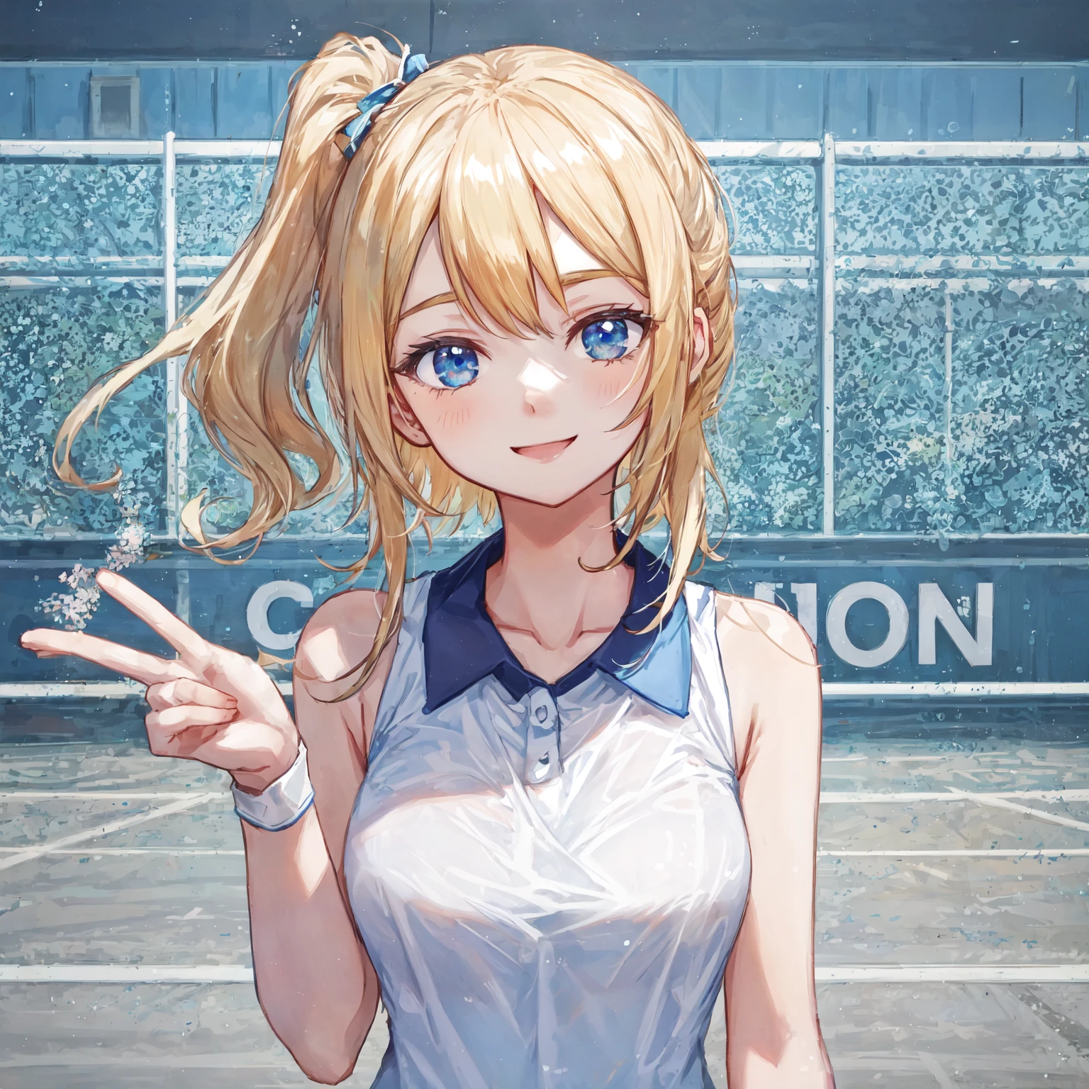wink,smile,look away,テニスウェア,peace,テニスコート,フォトリアル1;4,shoulder length blond hair, {{beautiful medium size breasts 1:4}},{{girl}},top quality,cute girl,high quality background, slanted eyes, detailed shirt chest wrinkles,BREAK, {{beautiful blue eye1:4}}, BREAK, five fingers